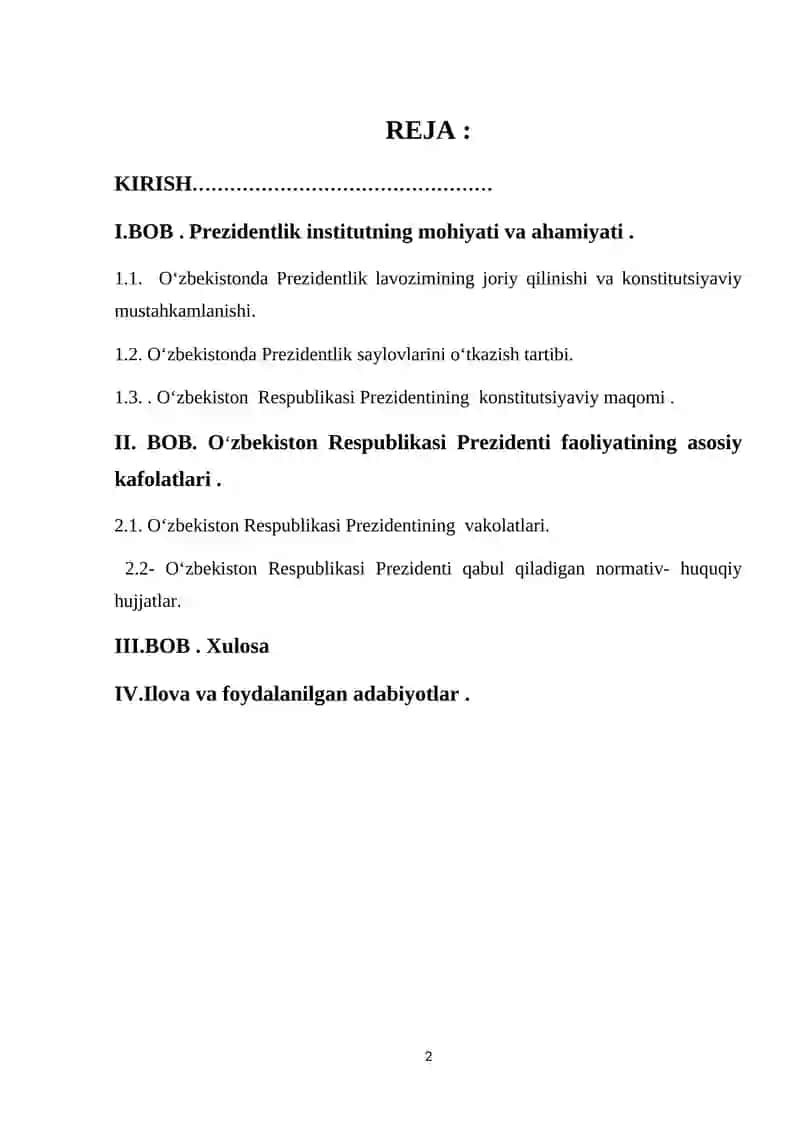 KURS ISHI: “Oʻzbekiston Respublikasi prezidentining konstitutsiyaviy huquqiy maqomi” 2