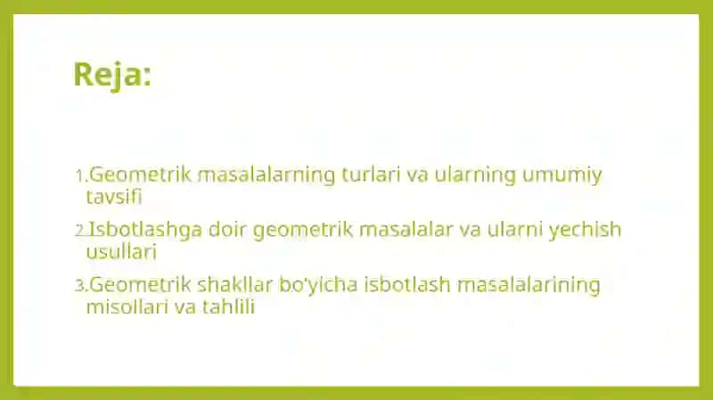Geometrik masalalar turlari. Isbotlashga doir geometrik masalalar 2