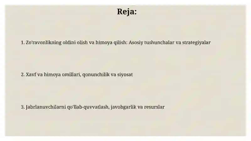 Zo'ravonlikning Oldini Olish va Himoya Qilish 2
