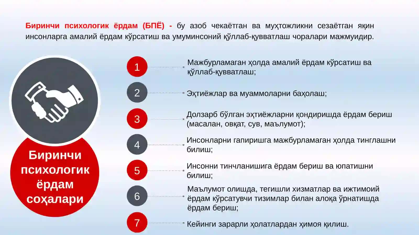 Биринчи психологик ёрдам кўрсатишнинг асосий йўналишлари ва турли усуллари билан таништириш 2