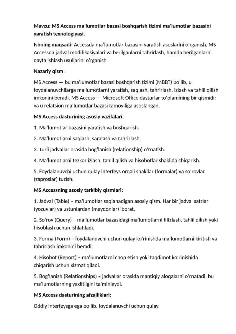 MS Access ma’lumotlar bazasi boshqarish tizimi 2