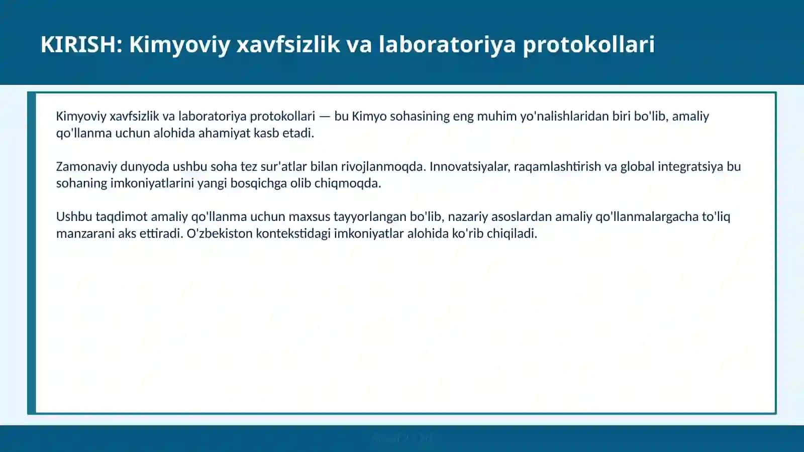 KIMYOVIY XAVFSIZLIK VA LABORATORIYA PROTOKOLLARI 2