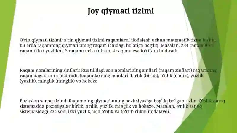 O'rin qiymati tizimi 2