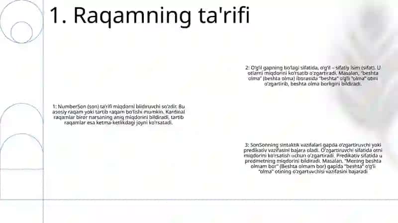 Son SoʻZ Turkumi Sifatida. Sonning Ma'Nosi Va Grammatik Belgilari. Sonning Sintaktik Vazifalari 2
