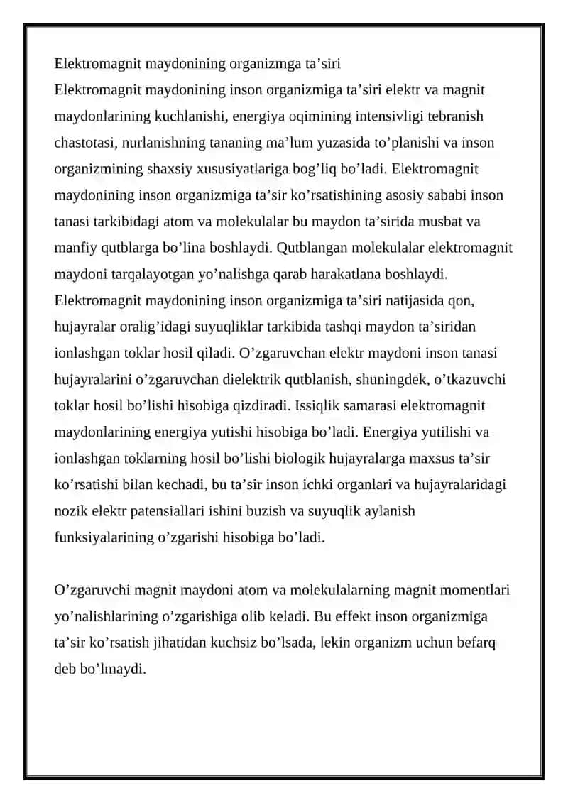Elektromagnit maydonining organizmga ta’siri 2