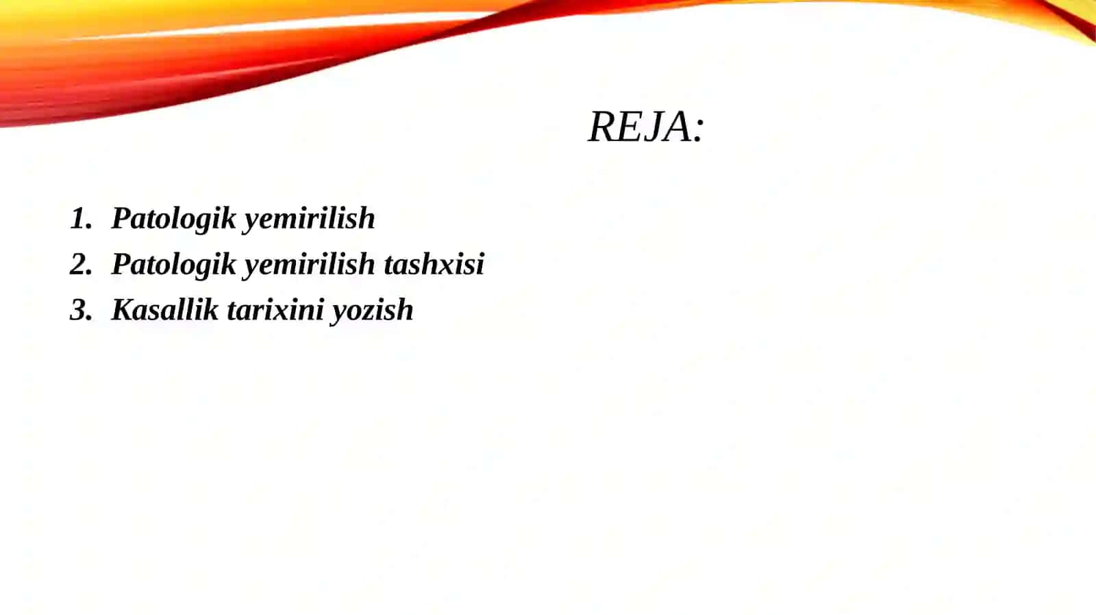 Tish chiqqandan keyin paydo bo'ladigan nokariyes kasalliklar. Giperesteziya, patologik yemirilish. Tasnifi, klinikasi, tashxislash va qiyosiy tashxislash. Kasallik tarixini yozish. 2