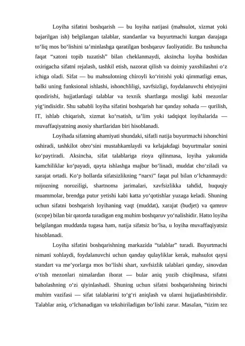 Loyiha sifatini boshqarish 2
