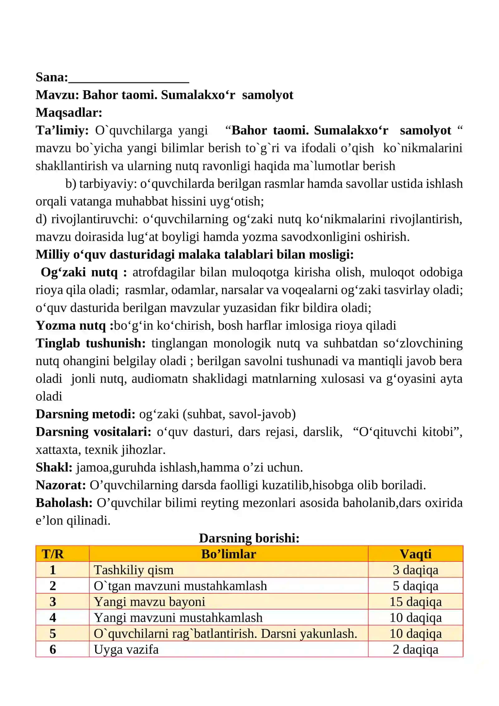 Bahor taomi. Sumalakxo‘r samolyot 1-sinf o'qish savodxonligi dars ishlanmasi 2