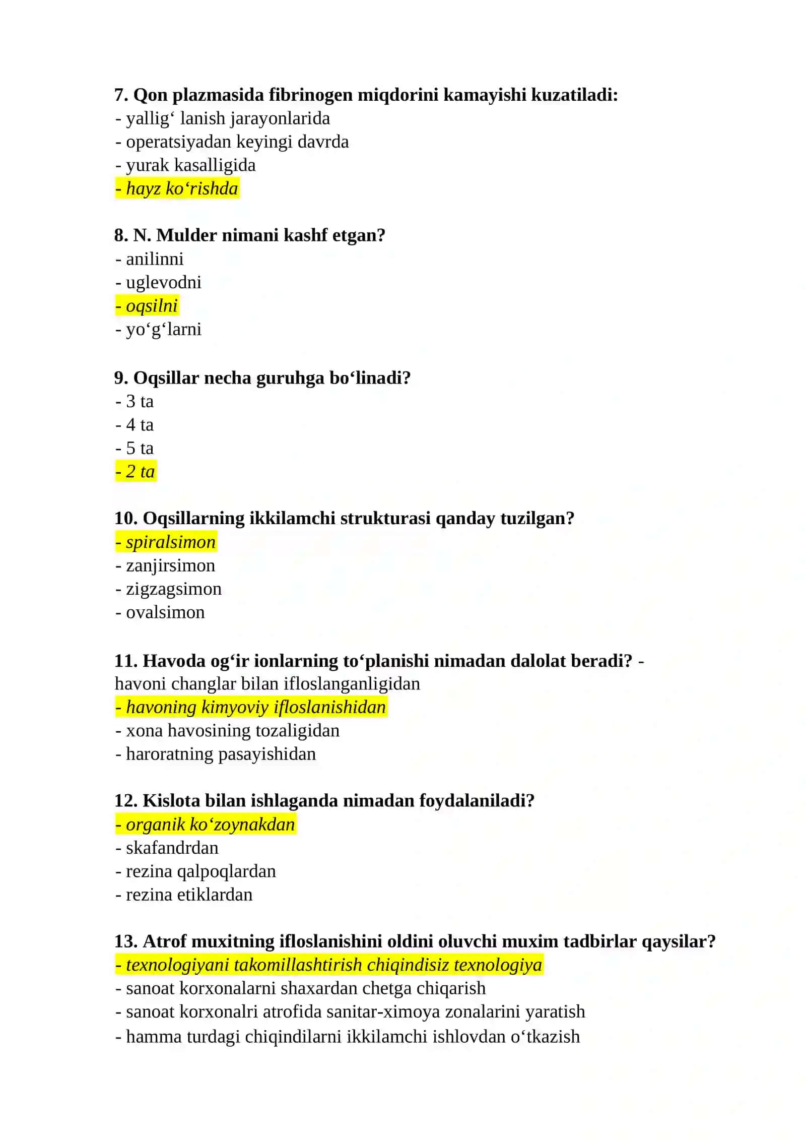 Laboratoriya tashxisi (Sanepidqo’m laboratoriyalaridan tashqari) mutaxassisligi bo'yicha shakllantirilgan test savollari ro'yxati 2