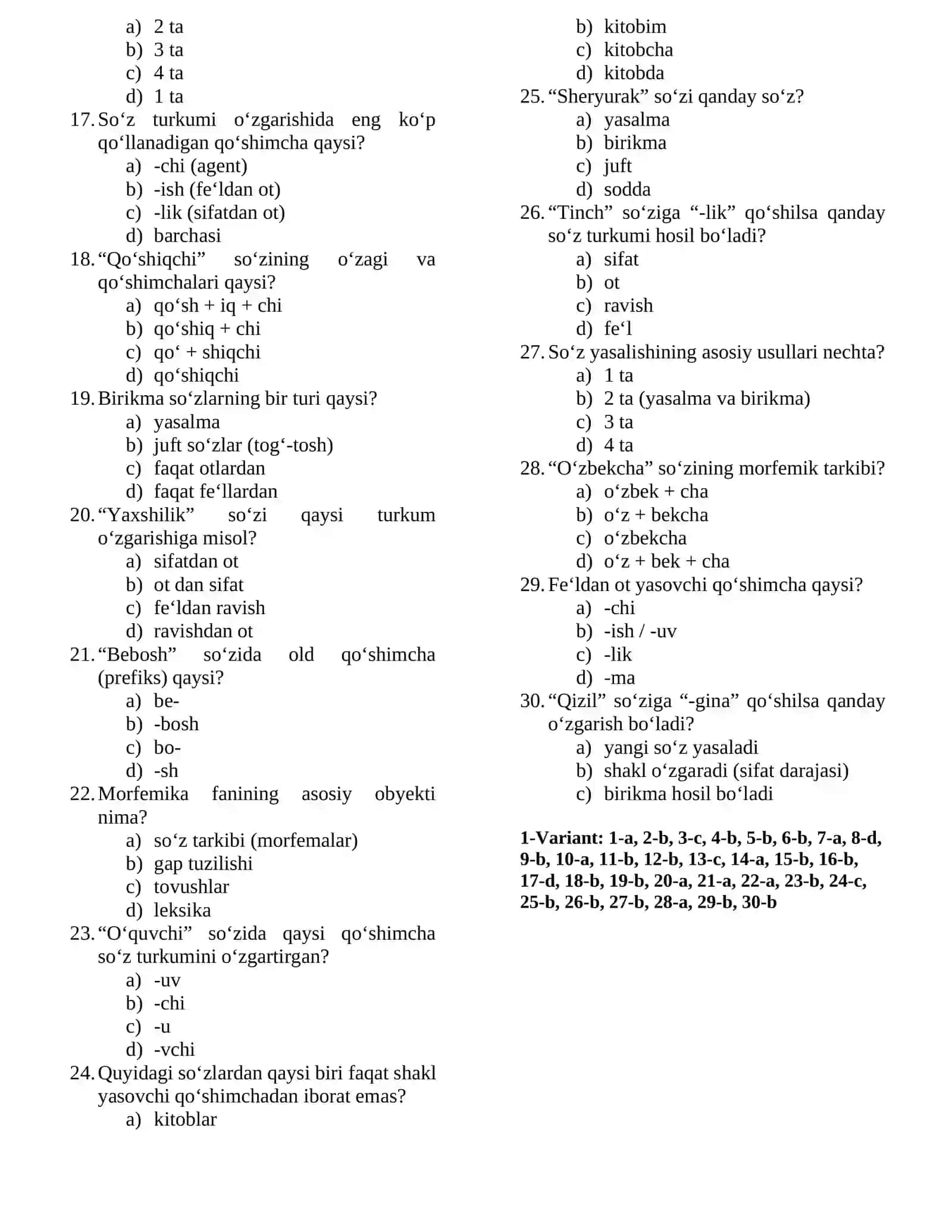 Morfemika(so'z tarkibi) 2 Variantli test 2