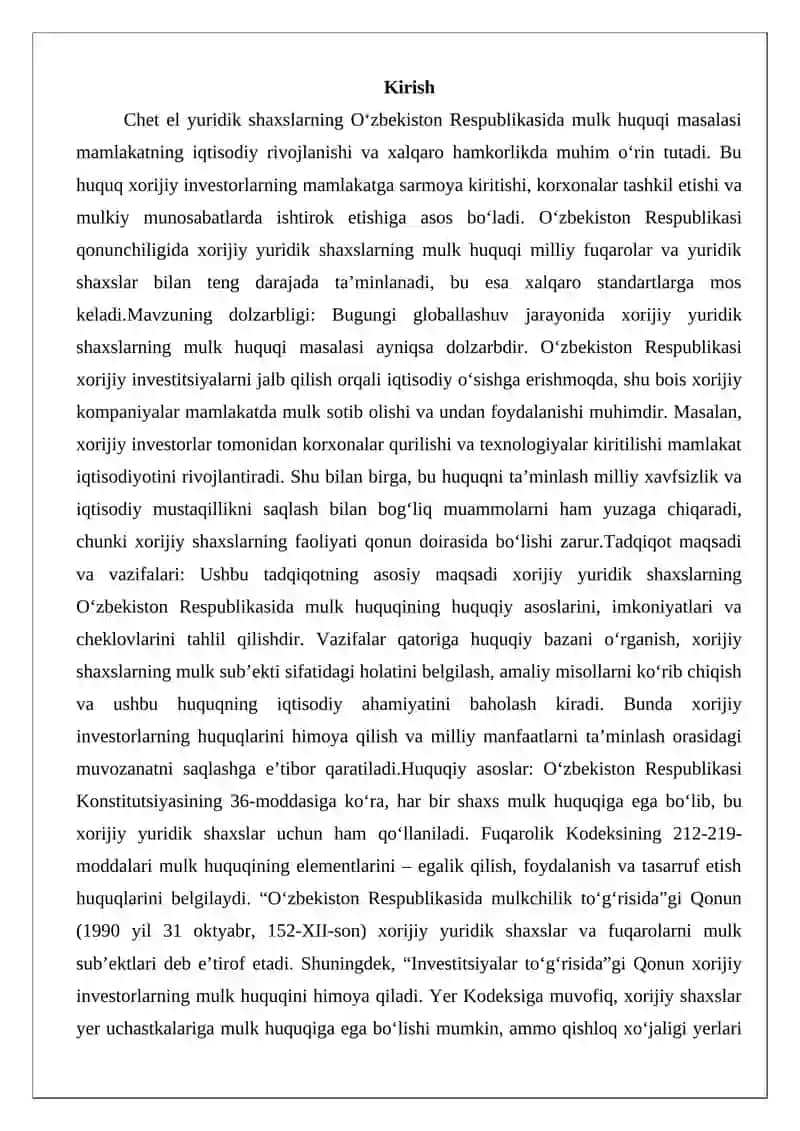 Chet el yuridik shaxslarning O‘zbekiston Respublikasida mulk huquqi 2