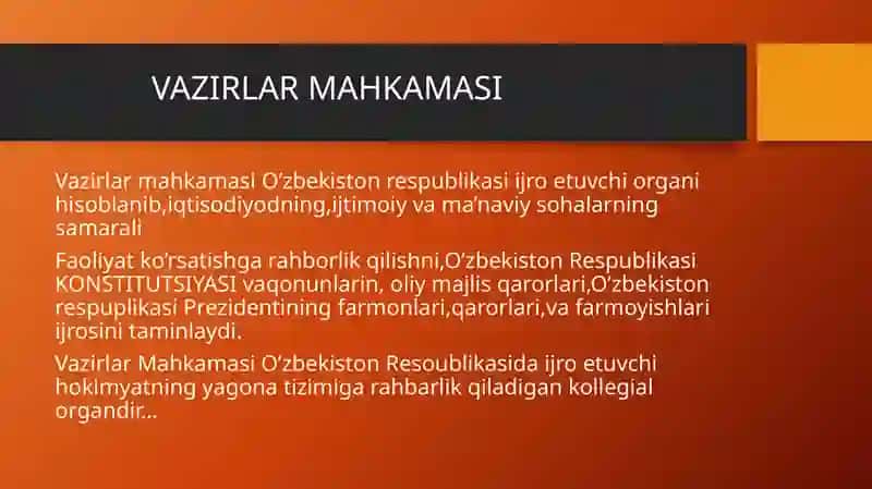 VAZIRLAR MAHKAMASI,MAHALIY HOKIMYAT ORGANLARI,XALQ DEPUTATLAR KENGASHI,O’ZINI O’ZI BOSHQARISH ORGANLARI 2