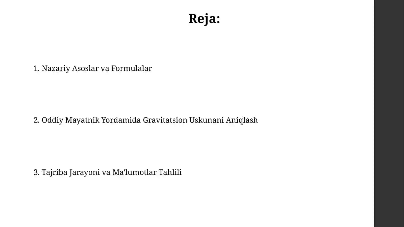 Jismning erkin tushish tezlanishini matematik mayatnik yordamida aniqlash 2
