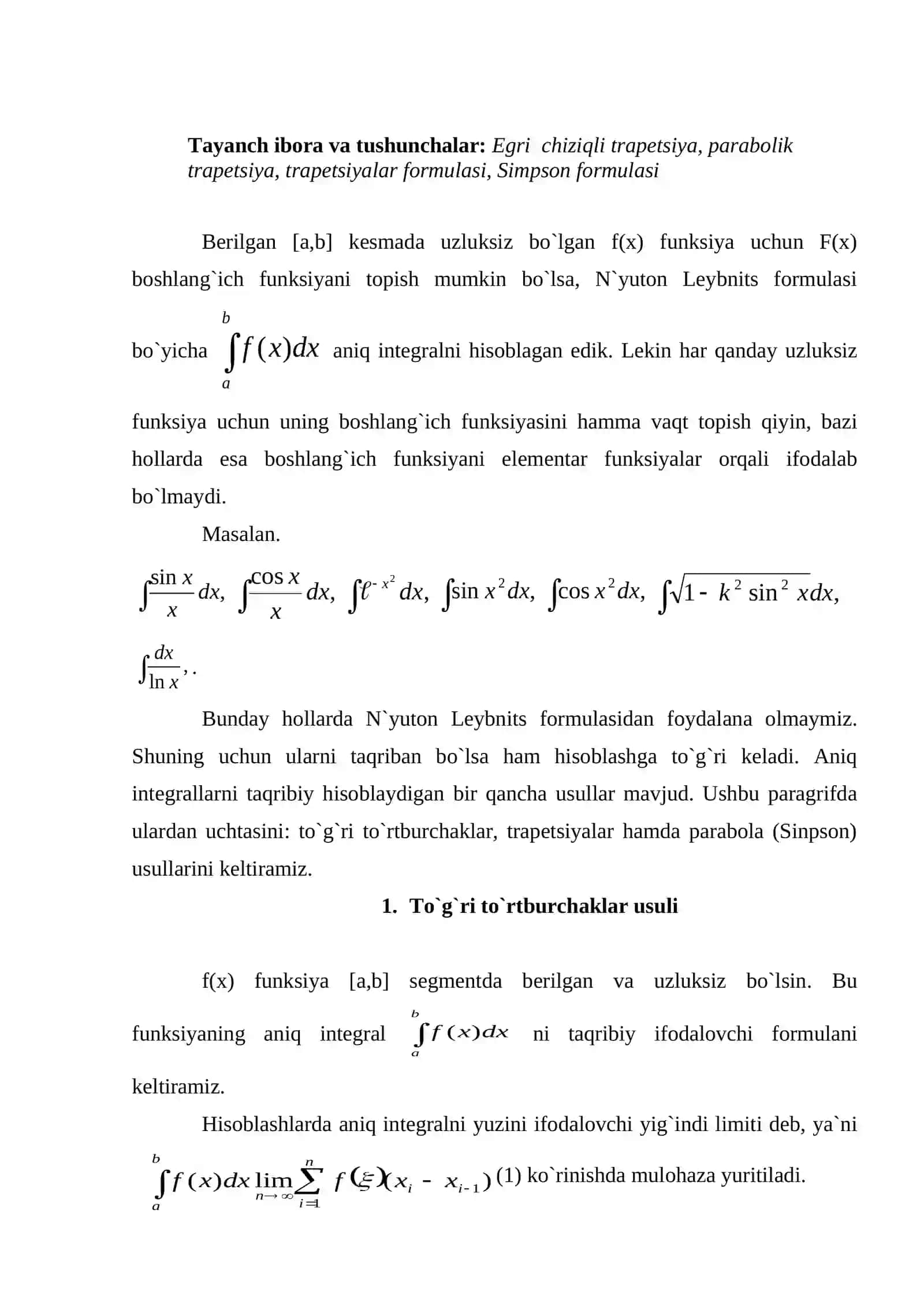 Aniq integralni taqribiy hisoblash 2