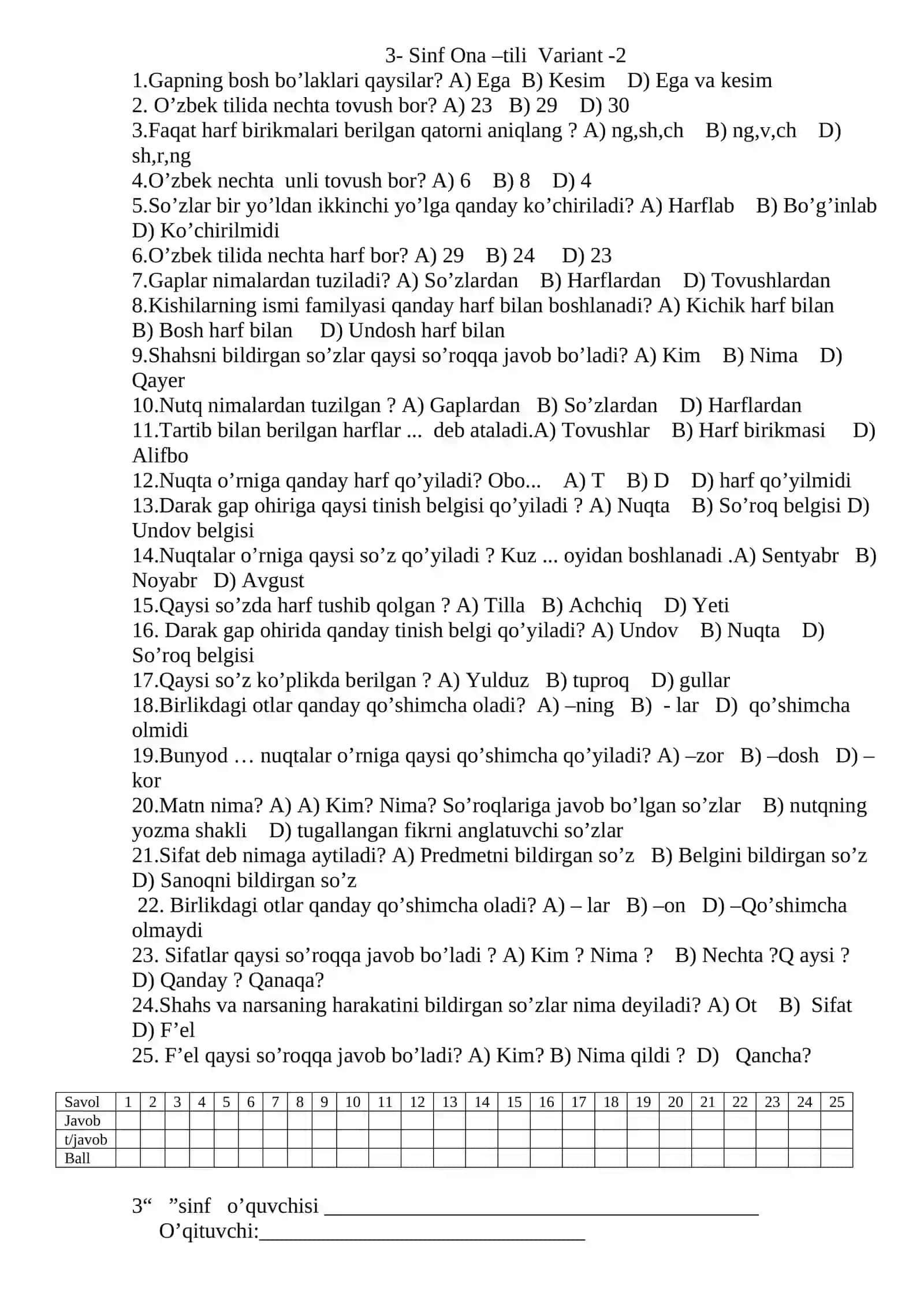 3- Sinf Ona –tili Variant -1 2