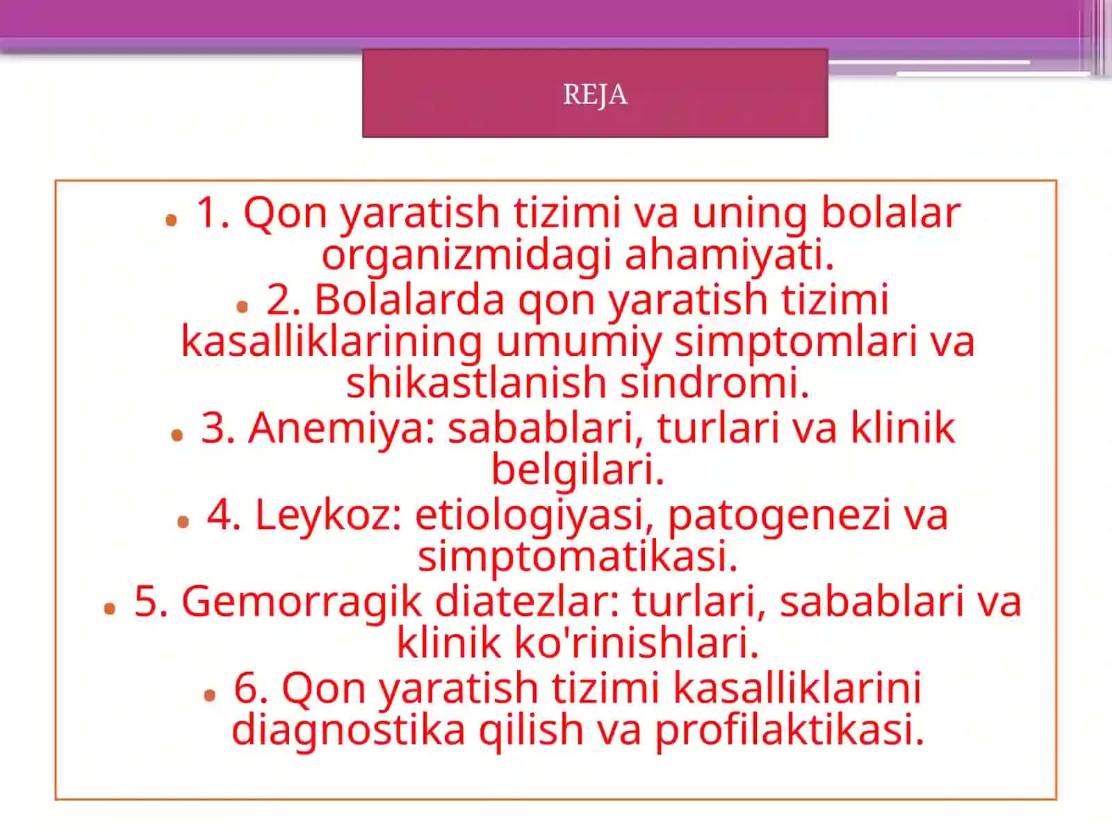 Bolalarkasalliklaripropedevtikasifanidan,,Qonyaratishtizimikasalliklari,shikastlanishsindromivasimyotikasi.Animeya.Lekoz.Gemorolikdiatezlar’’mavzusidamustaqilishuchuntayyorlaganTaqdimoti 2