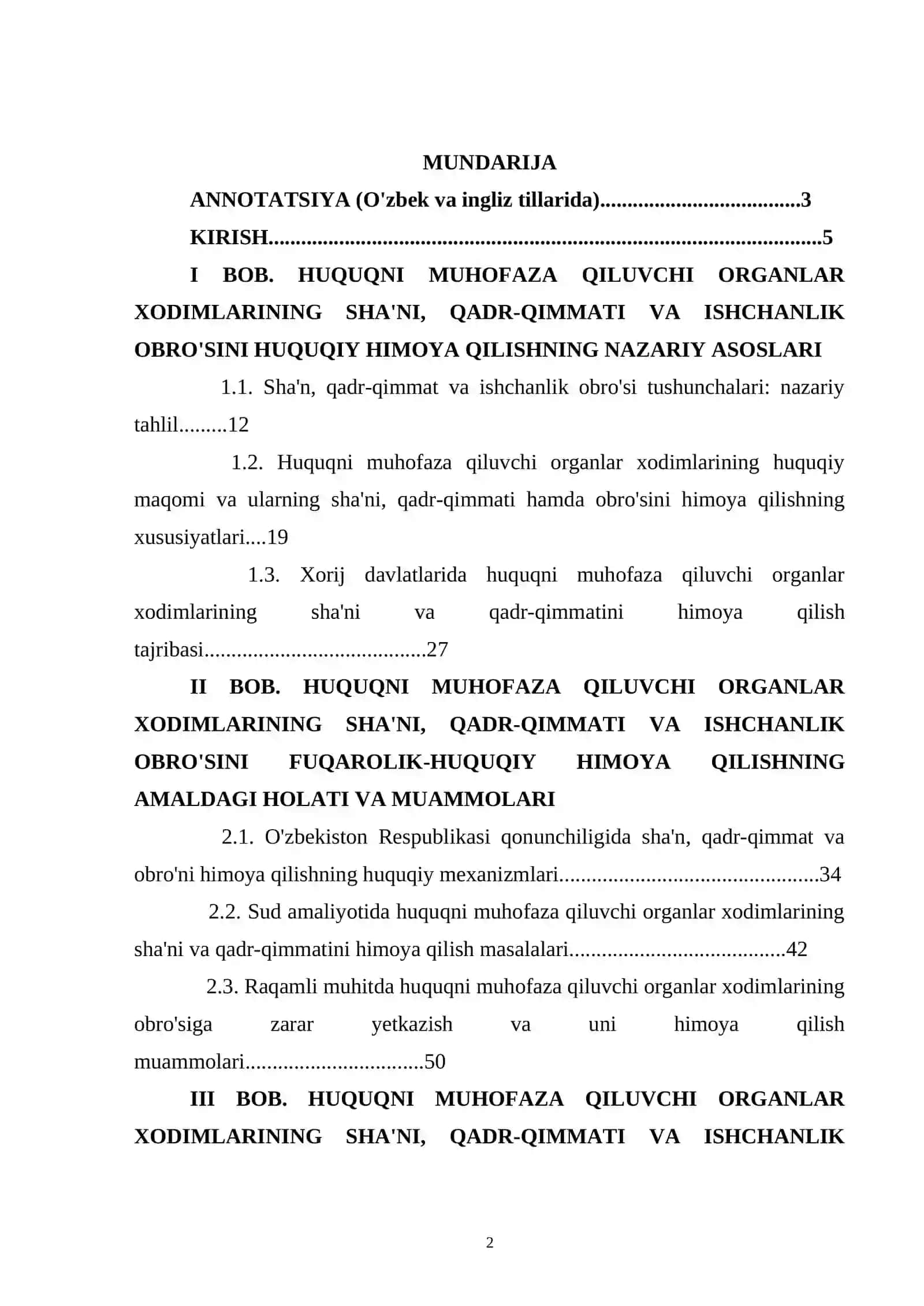 HUQUQNI MUHOFAZA QILUVCHI ORGANLAR XODIMLARINING SHA'NI, QADR-QIMMATI VA ISHCHANLIK OBRO'SINI FUQAROLIK-HUQUQIY HIMOYA QILISHNI TAKOMILLASHTIRISH 2