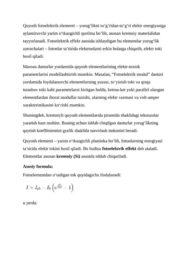 QUYOSH FOTOELEKTRIK ELEMENTLARI VA MODULLARI 2
