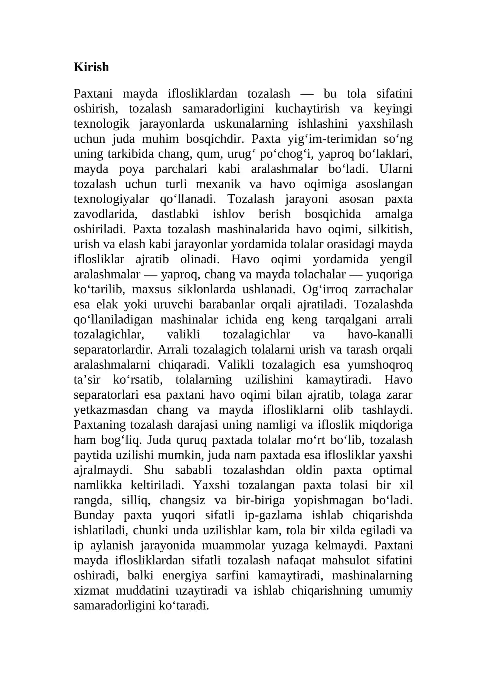 Paxtani mayda iflosliklar dan tozalash 2