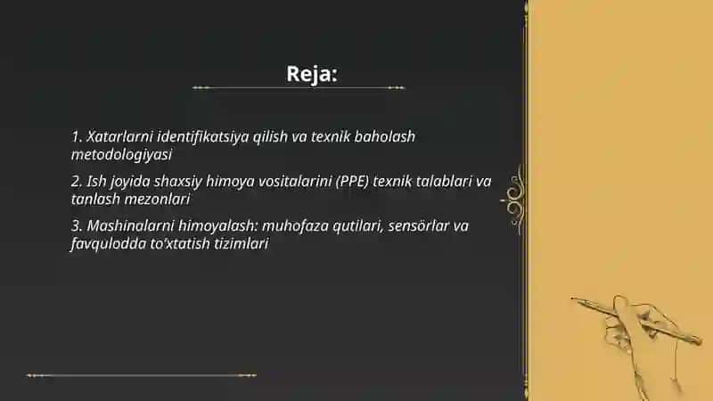 Ish joyida shikastlanishlarni oldini olish uchun xavfsizlik texnikasi choralarini ishlab chiqish 2