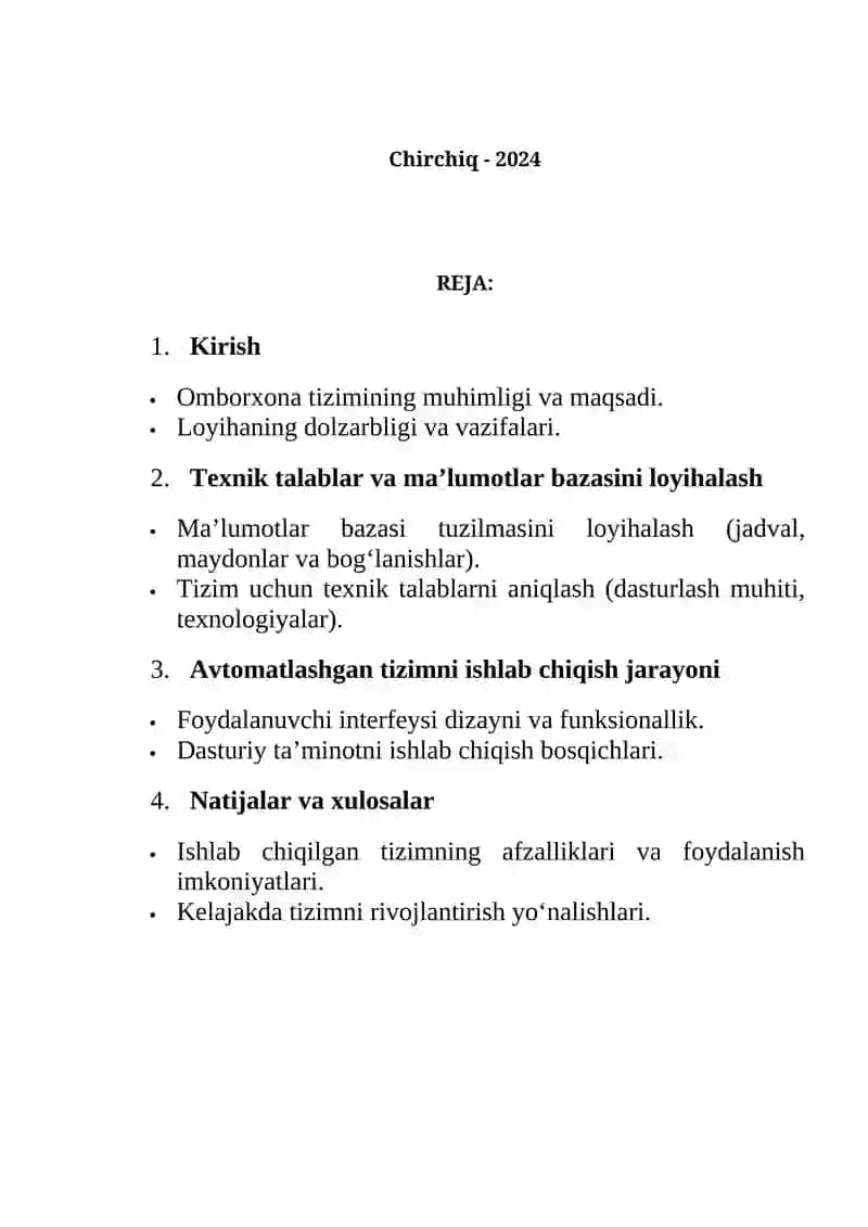Omborxona ma'lumotlar bazasini va avtomatlashgan tizimni ishlab chiqish 2
