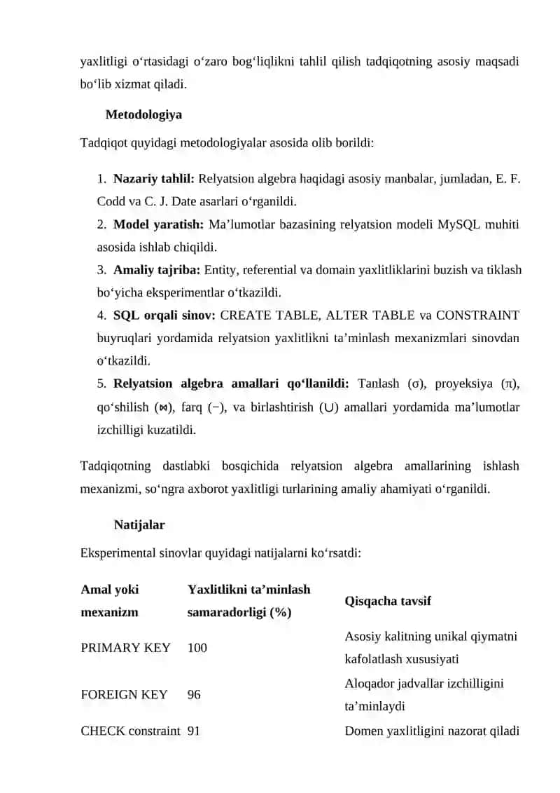 RELYATSION ALGEBRA VA MA’LUMOTLAR BAZASIDA AXBOROT YAXLITLIGI 2