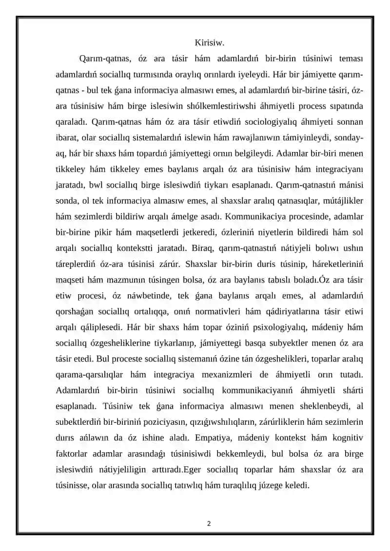 Qarım-qatnas óz-ara tásir hám adamlardıń bir-birin túsiniwi 2
