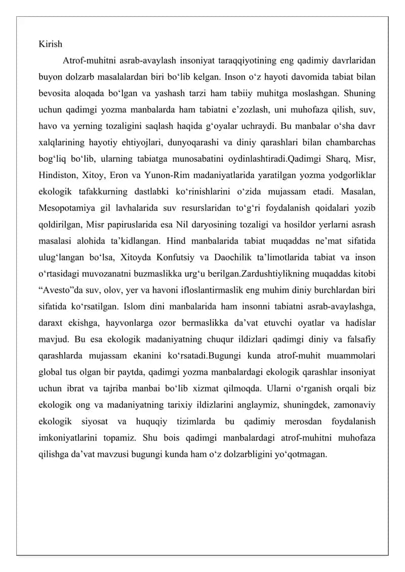 Qadimgi yozma manbalarda atrof-muhitni asrab-avaylashga da’vat. 2