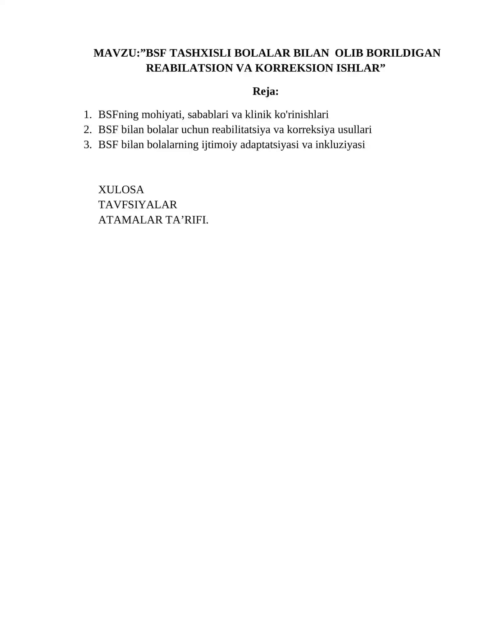 "BSF TASHXISLI BOLALAR BILAN OLIB BORILDIGAN REABILATSION VA KORREKSION ISHLAR" 2