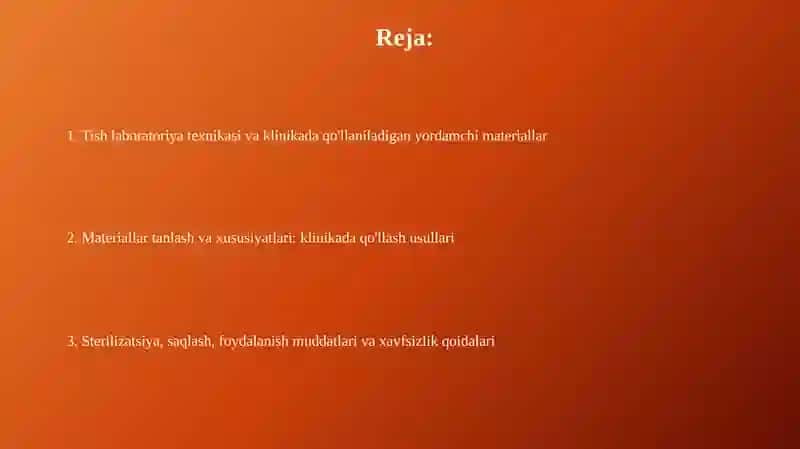 Tish laboratoriya texnikasi va klinikada qo'llaniladigan yordamchi materiallar 2