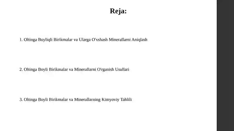Oltinga Boyliqli Birikmalar va Ularga O'xshash Minerallarni Aniqlash 2