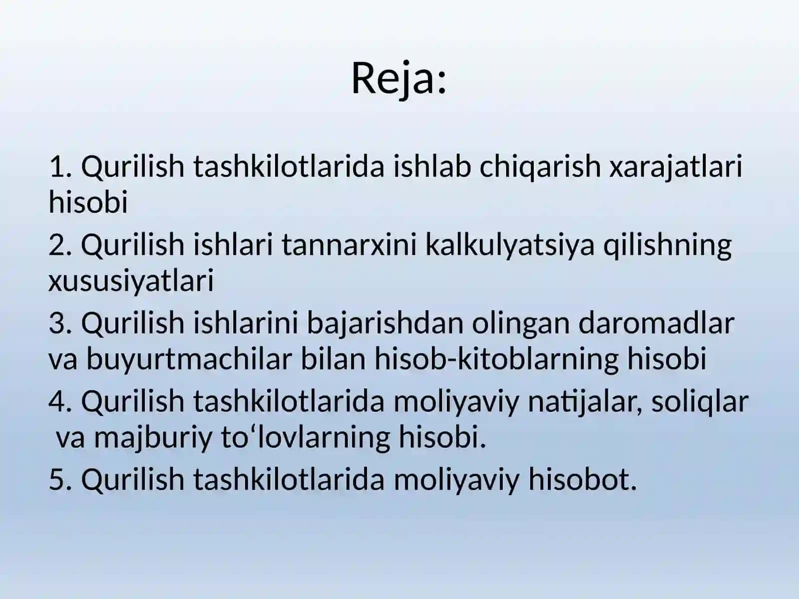 Qurilish tashkilotlaridaishlab chiqarish xarajatlari, majburiyatlar, hisob kitoblar hisobi va moliyaviy hisobotlar 2