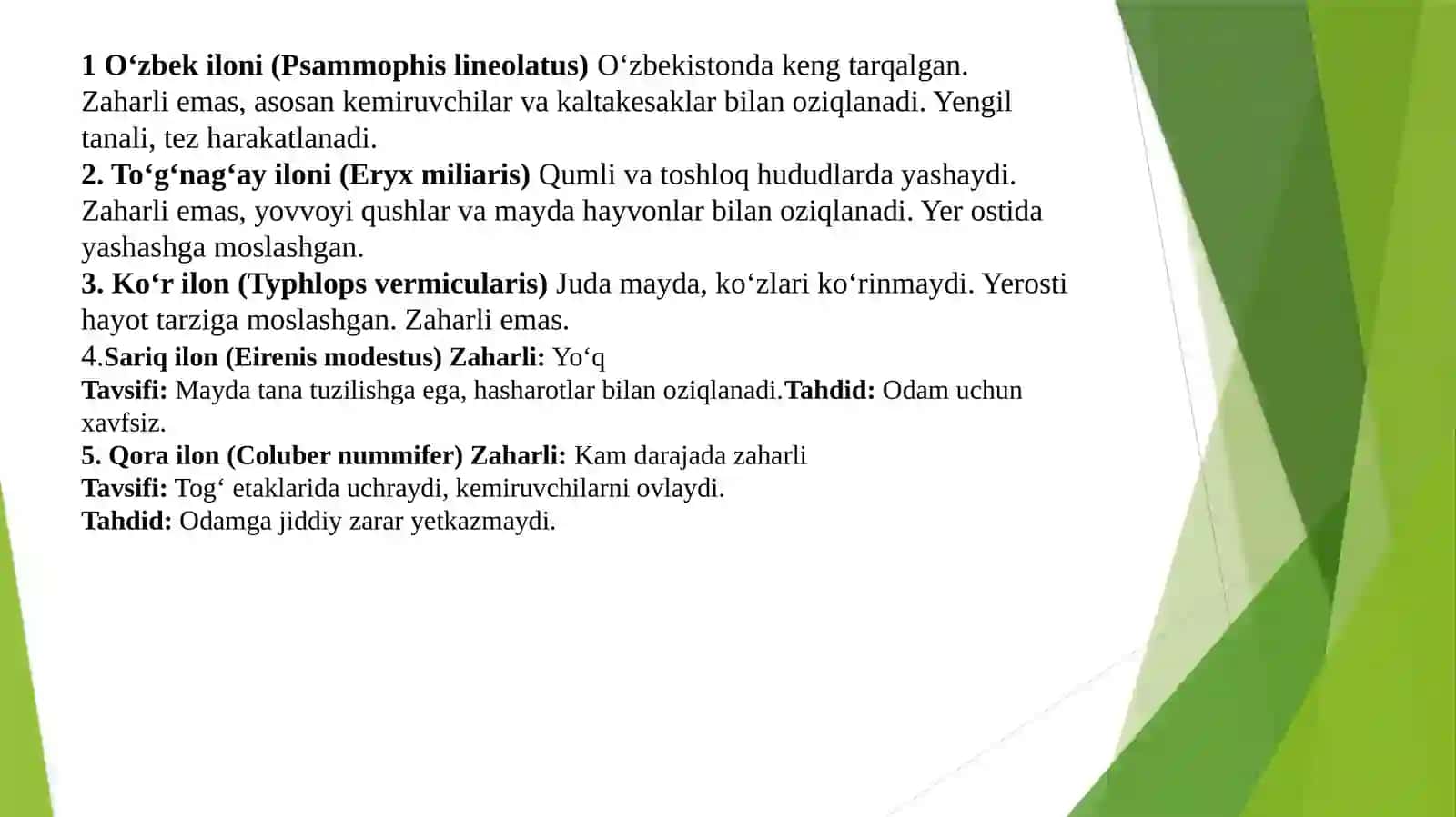 Surxondaryo viloyati sharoitida uchrovchi ilonlar reja 2