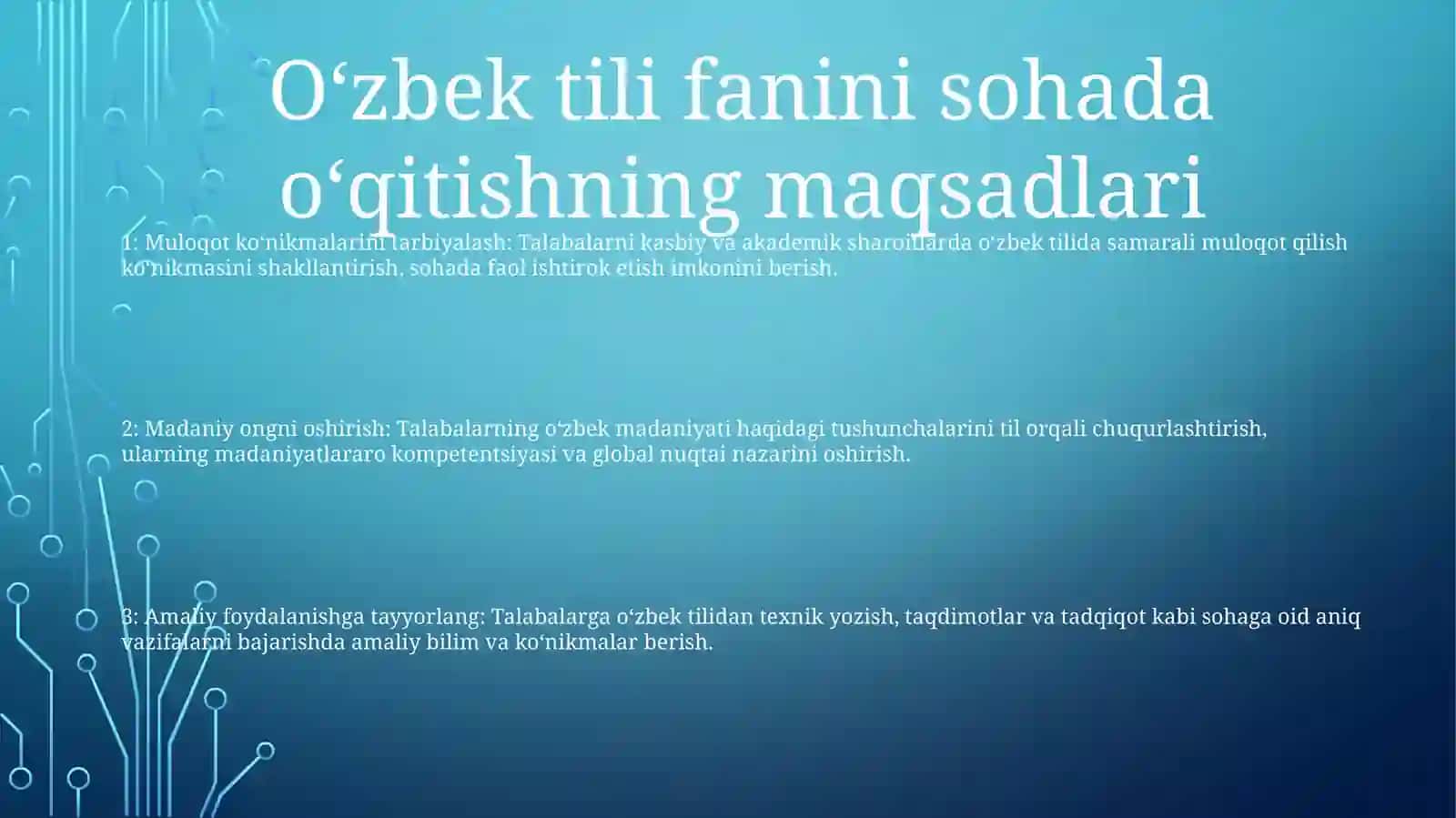 ʼʼO'Zbek Tilininq Sohada QoʻLlanilishiʼʼ Fanini OʻQitishning MaqsadVaVazifalari 2