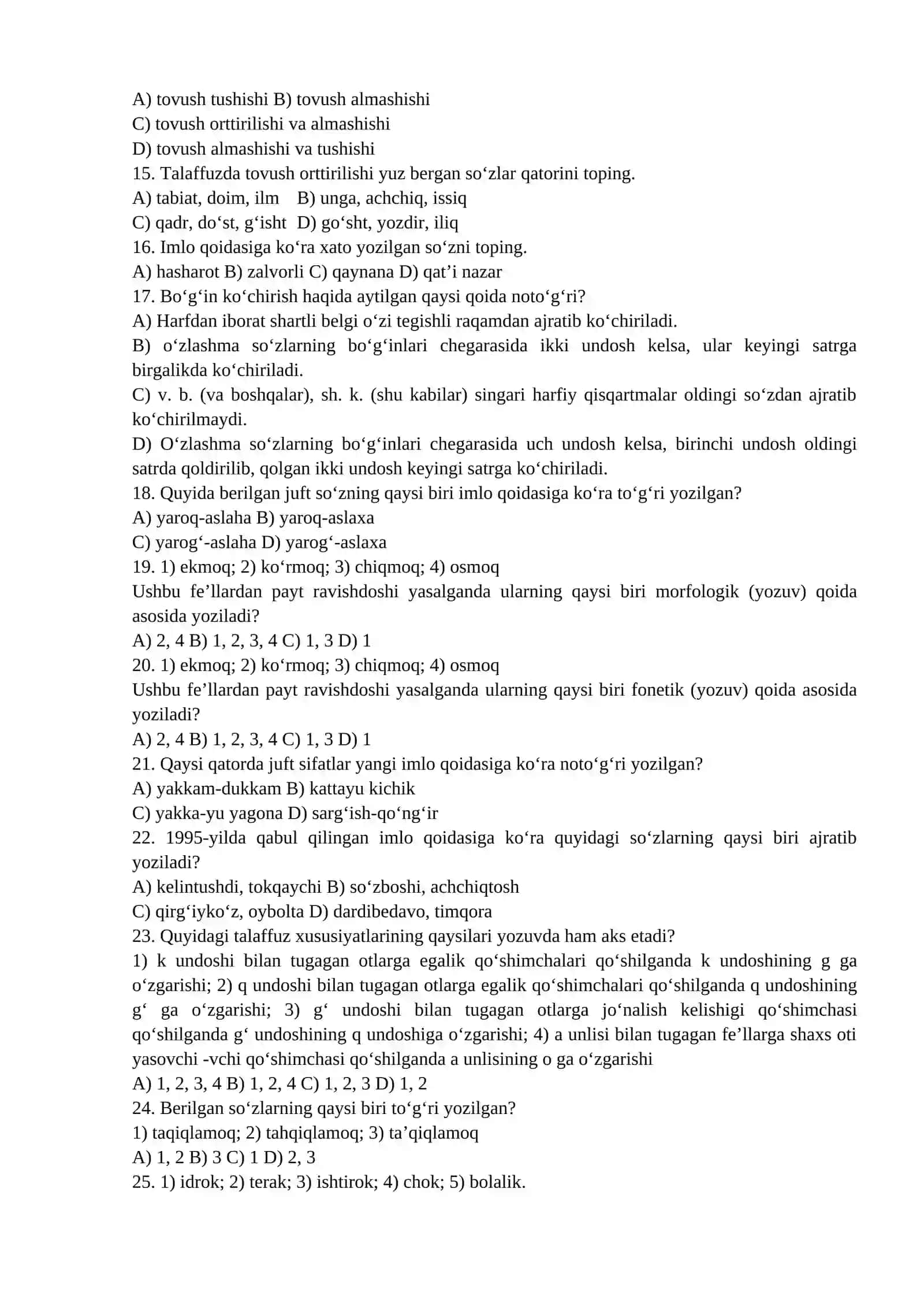 O‘ZBEK TILINING SOHADA QO’LLANILISHI FANIDAN TEST 2