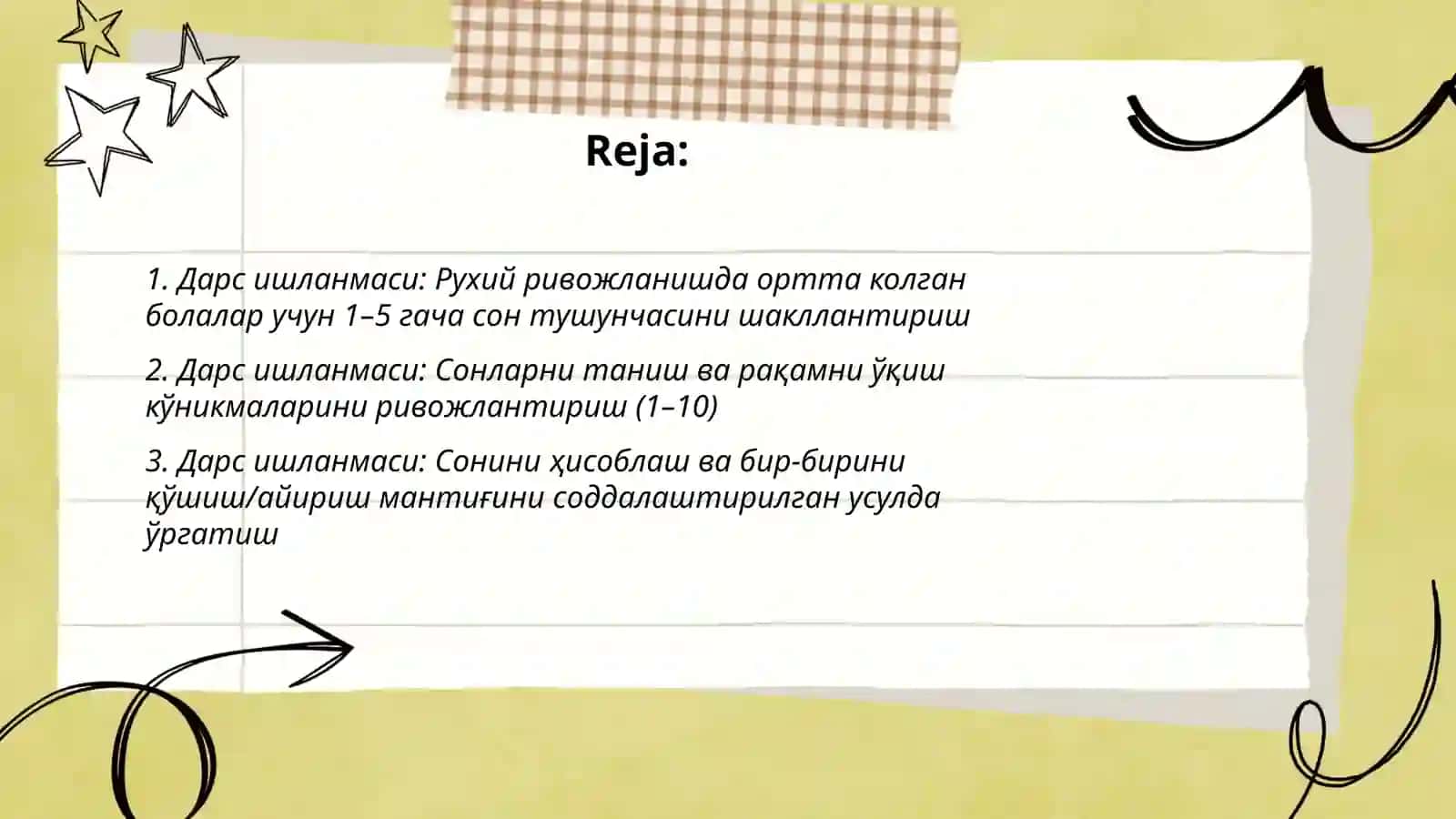 Рухий ривожланишда ортта колган болаларни математик тасаввурларини шакллантириш дарс 2