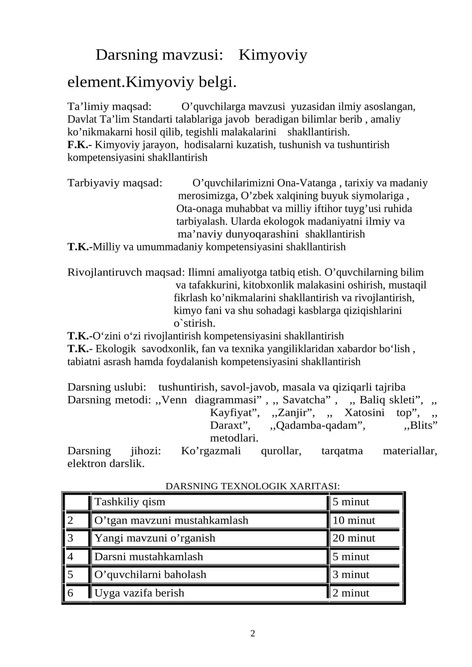 7-sinf Kimyo fanidan Kimyoviy element, kimyoviy belgi mavzusida ochiq dars ishlanma 2