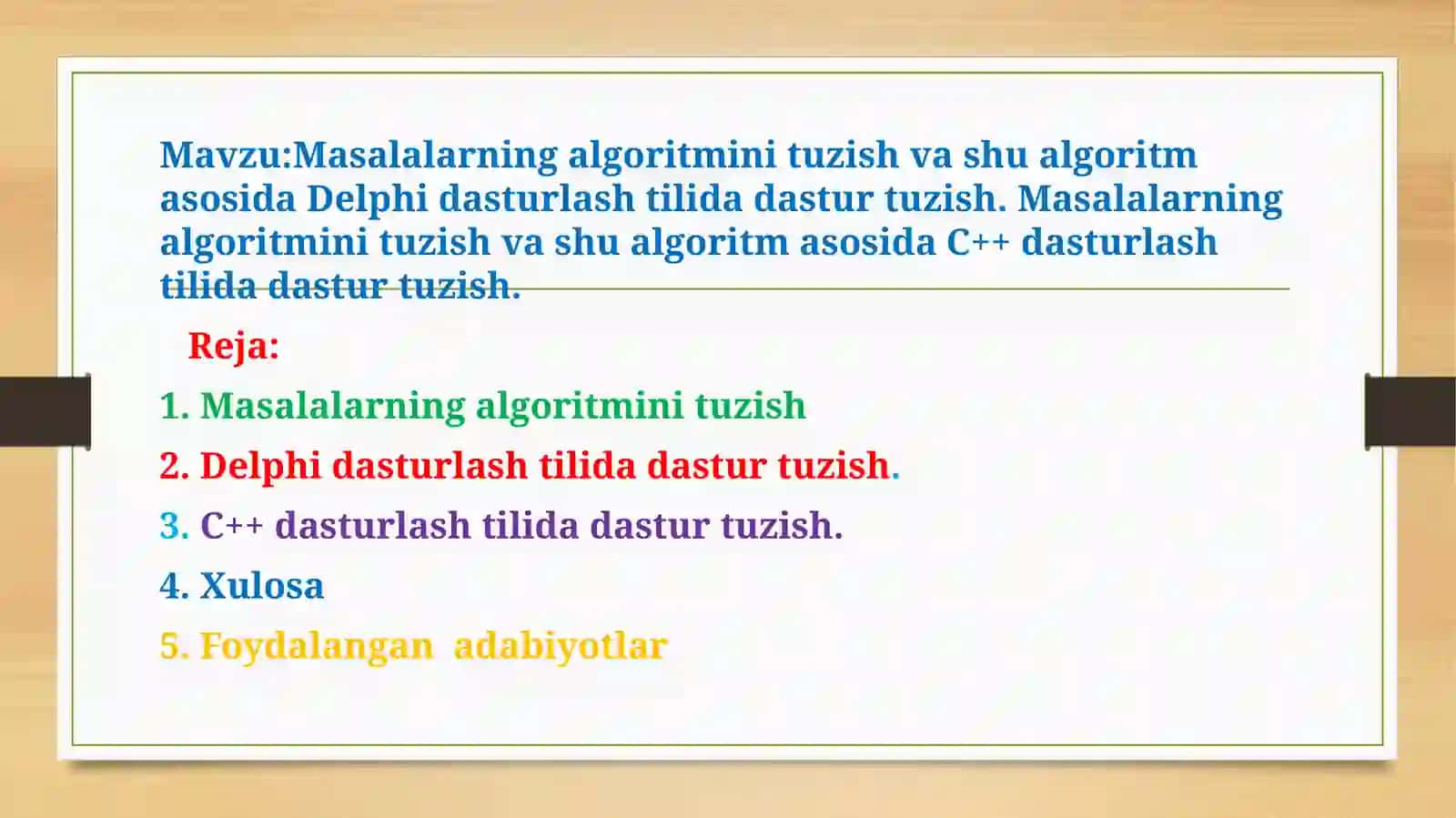 Masalalarning algoritmini tuzish va shu algoritm asosida Delphi dasturlash tilida dastur tuzish. Masalalarning algoritmini tuzish va shu algoritm asostibbiyot 2
