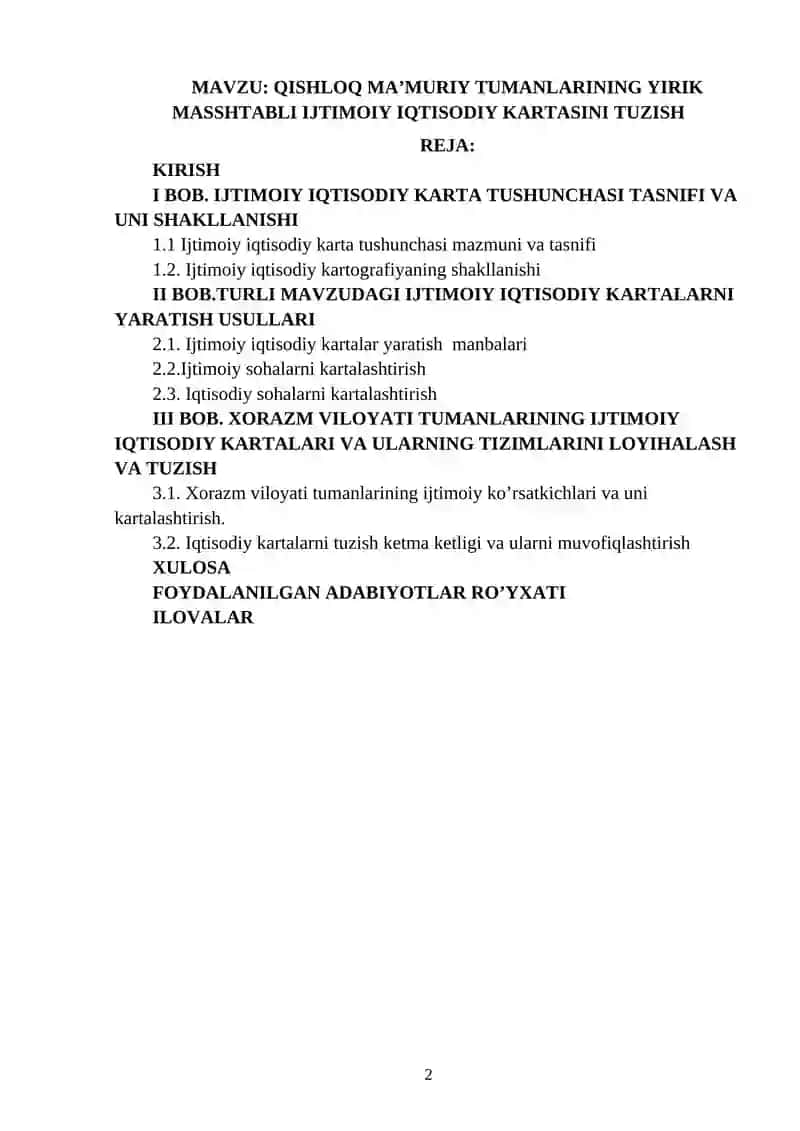 QISHLOQ MA’MURIY TUMANLARINING YIRIK MASSHTABLI IJTIMOIY IQTISODIY KARTASINI TUZISH 2
