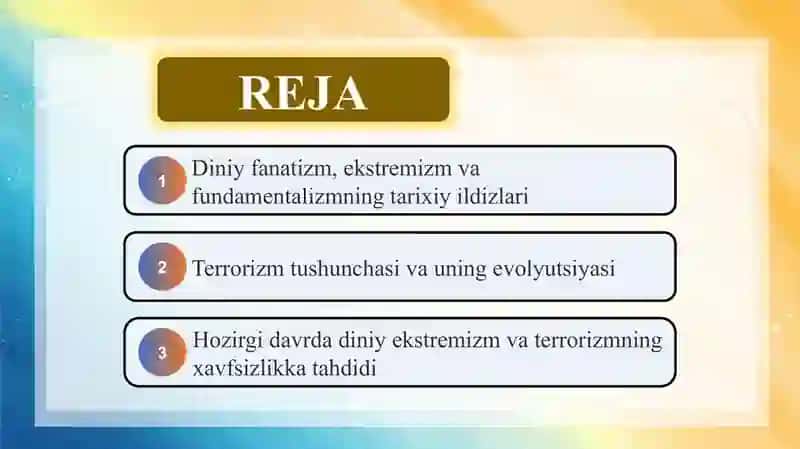 Diniy fanatizm, ekstremizm, fundamentalizm, terrorizmning tarixi va ularning hozirgi davrda xavfsizlikka tahdidi 2