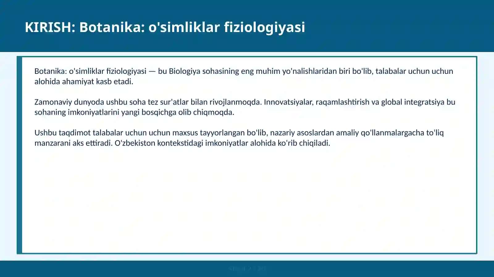 Botanika: O'SIMLIKLAR FIZIOLOGIYASI 2