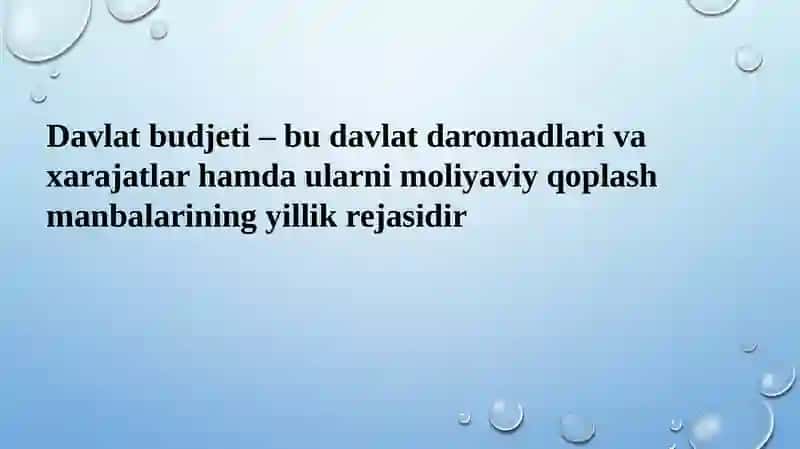Davlat budjeti – bu davlat daromadlari va xarajatlar hamda ularni moliyaviy qoplash manbalarining yillik rejasidir 2