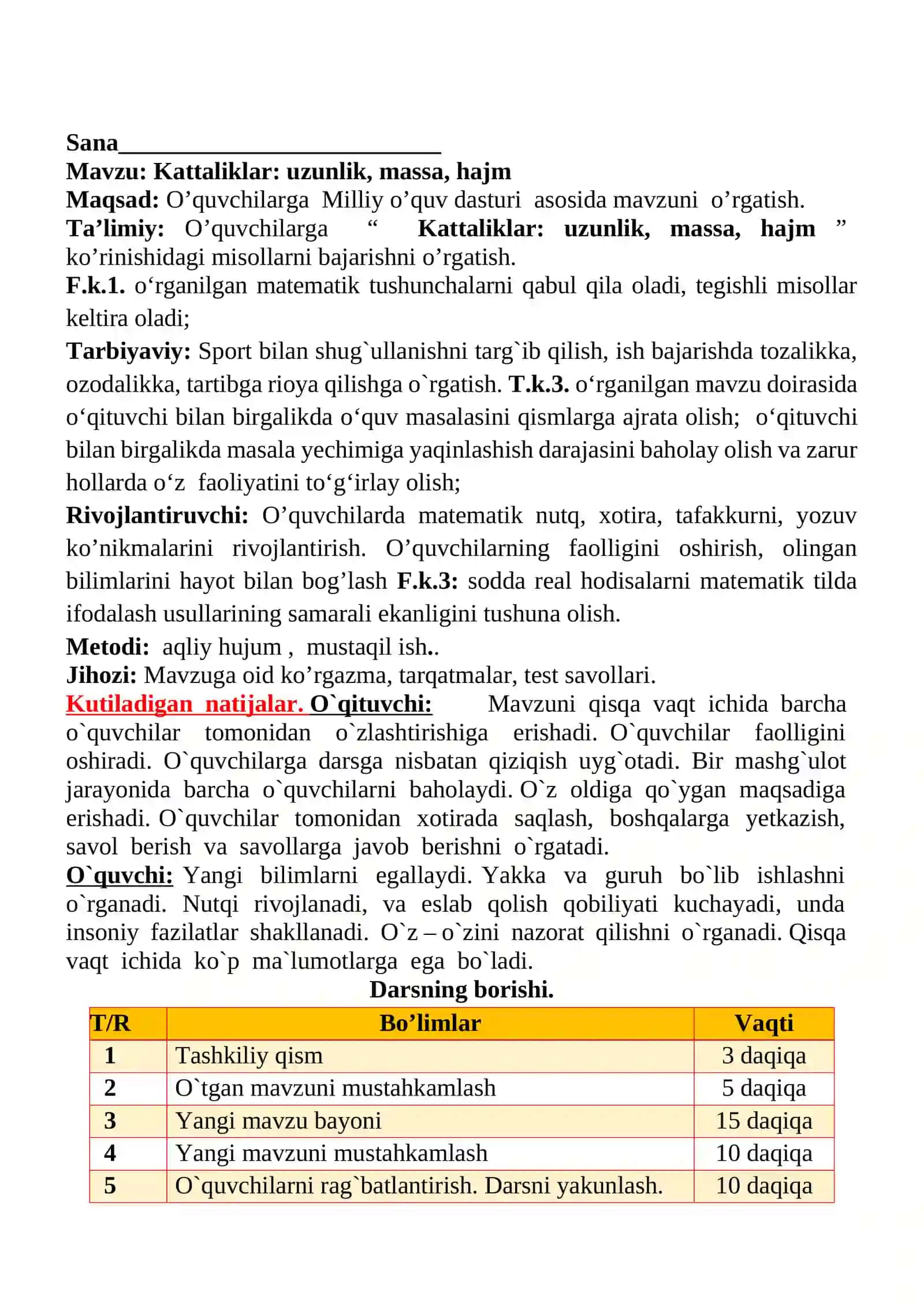 Kattaliklar: uzunlik, massa, hajm 1-sinflar uchun Matematika fanidan dars ishlanmasi 2