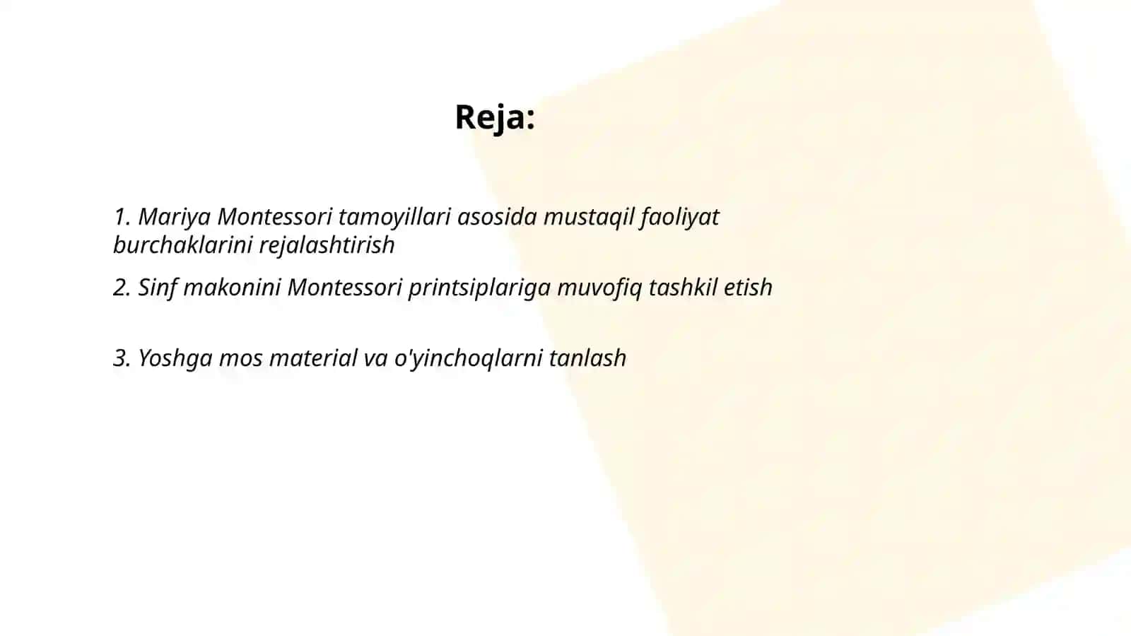 Slayd-taqdimoti Mariya Montessori ta'lim tizimi asosida mustaqil faoliyat burchaklarini tashkil etish 2