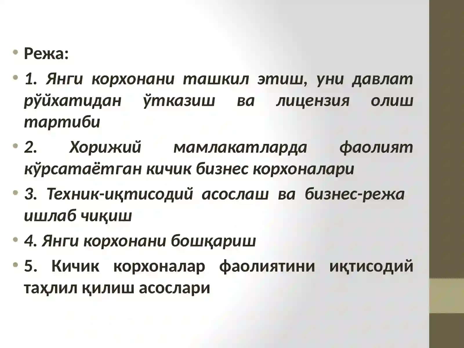 КИЧИК БИЗНЕС ВА ХУСУСИЙ ТАДБИРКОРЛИК ФАОЛИЯТИНИ ТАШКИЛ ЭТИШ, РЕЖАЛАШТИРИШ ВА ТАҲЛИЛ ҚИЛИШ 2