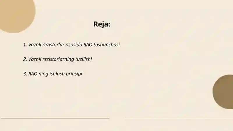 Vaznli rezistorlar asosida RAO tushunchasi 2