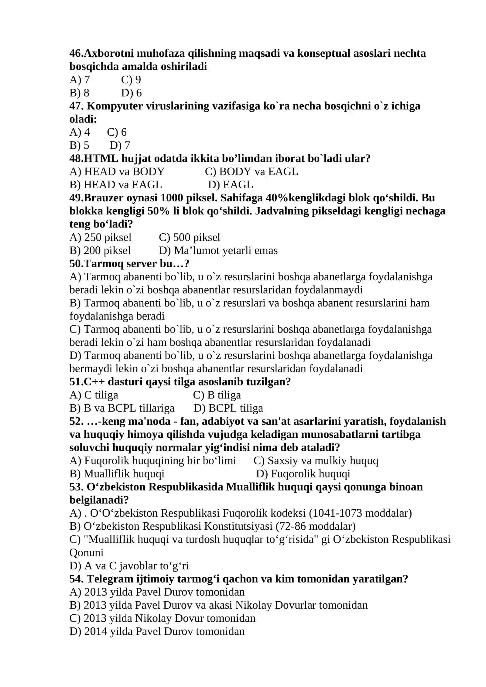 Axborot vositalari mashinalari va kompyuter tarmoqlari operatori” kasbi bo’yicha davlat imtihon savollari 2