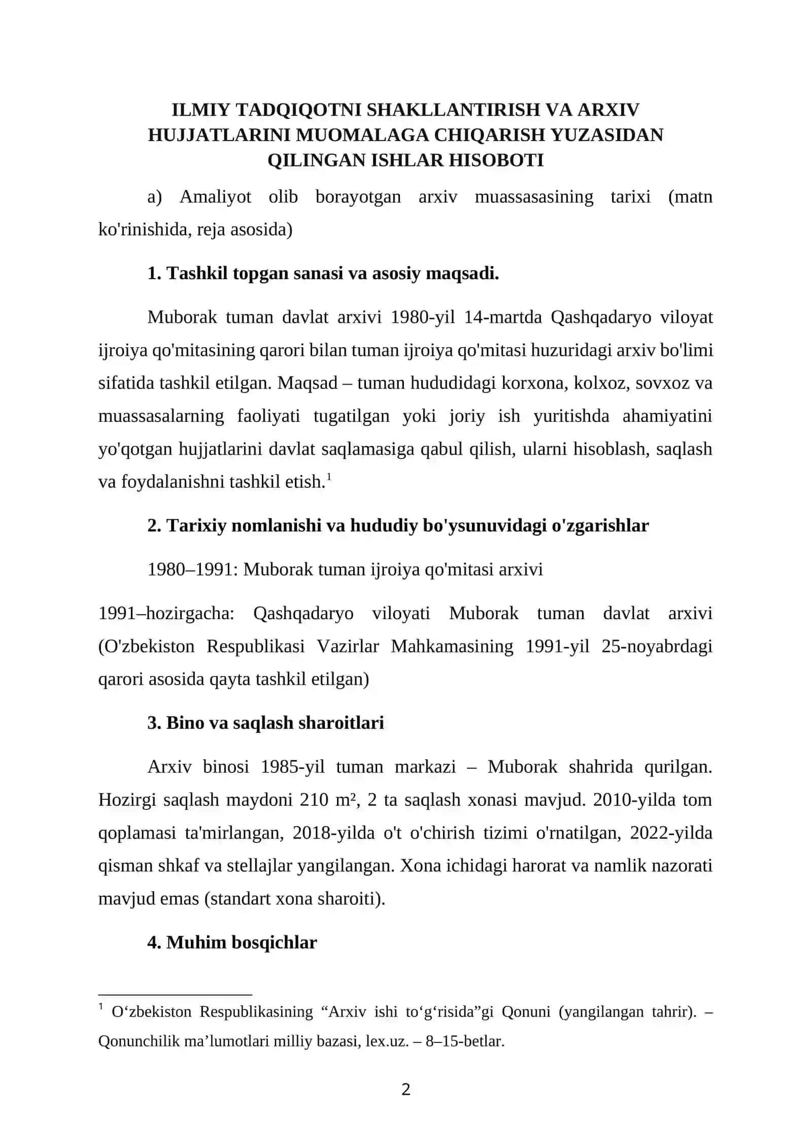 Qashqadaryo viloyati Muborak tumani davlat arxivi. BITIRUV YAKUNIY AMALIYOT HISOBOTI 2
