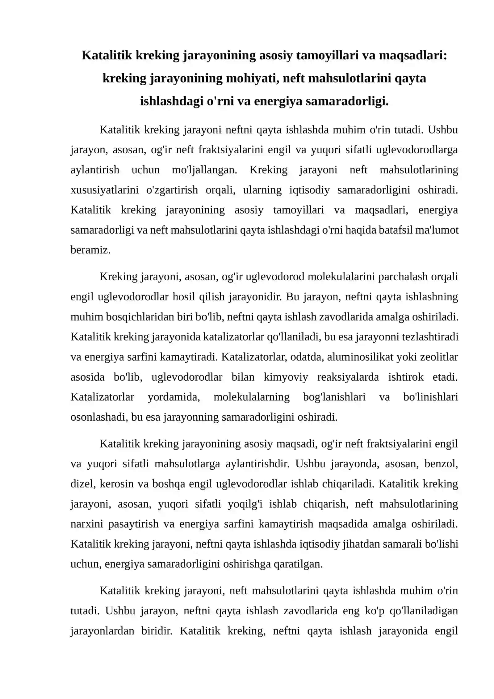 Katalitik kreking jarayoni. Katalizatorlar va reaktorlar. 2