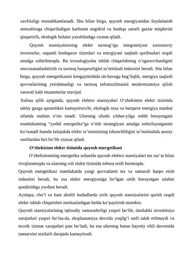Quyosh elektro stansiyalarining Oʻzbekiston elektr tizimidagi oʻrni 2